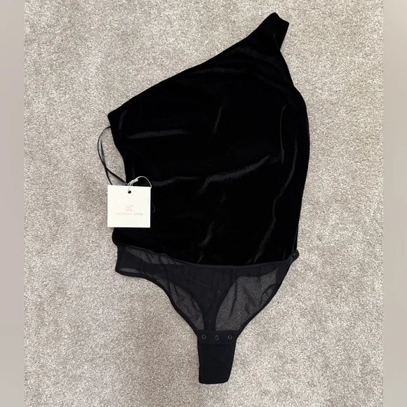 Undress Code - Reach for the Stars - Black Velvet One Shoulder Bodysuit - size M
